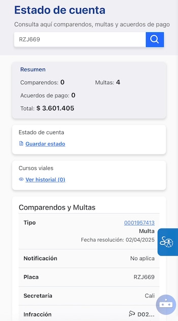 Captura compartida por el concejal Juan David Quintero en la que se observa la consulta de las presuntas multas registradas para el vehículo. - crédito @JD_Quinteror/X