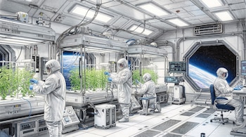 Interior de laboratorio espacial con cuatro personas en trajes blancos, plantas verdes en sistemas hidropónicos y pantallas de monitoreo, con vista a la Tierra desde una ventana.