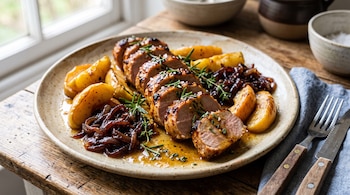 Medallones de cerdo glaseado con manzana asada, cebolla caramelizada y ramitas de romero en una fuente de cerámica junto a cubiertos de madera.