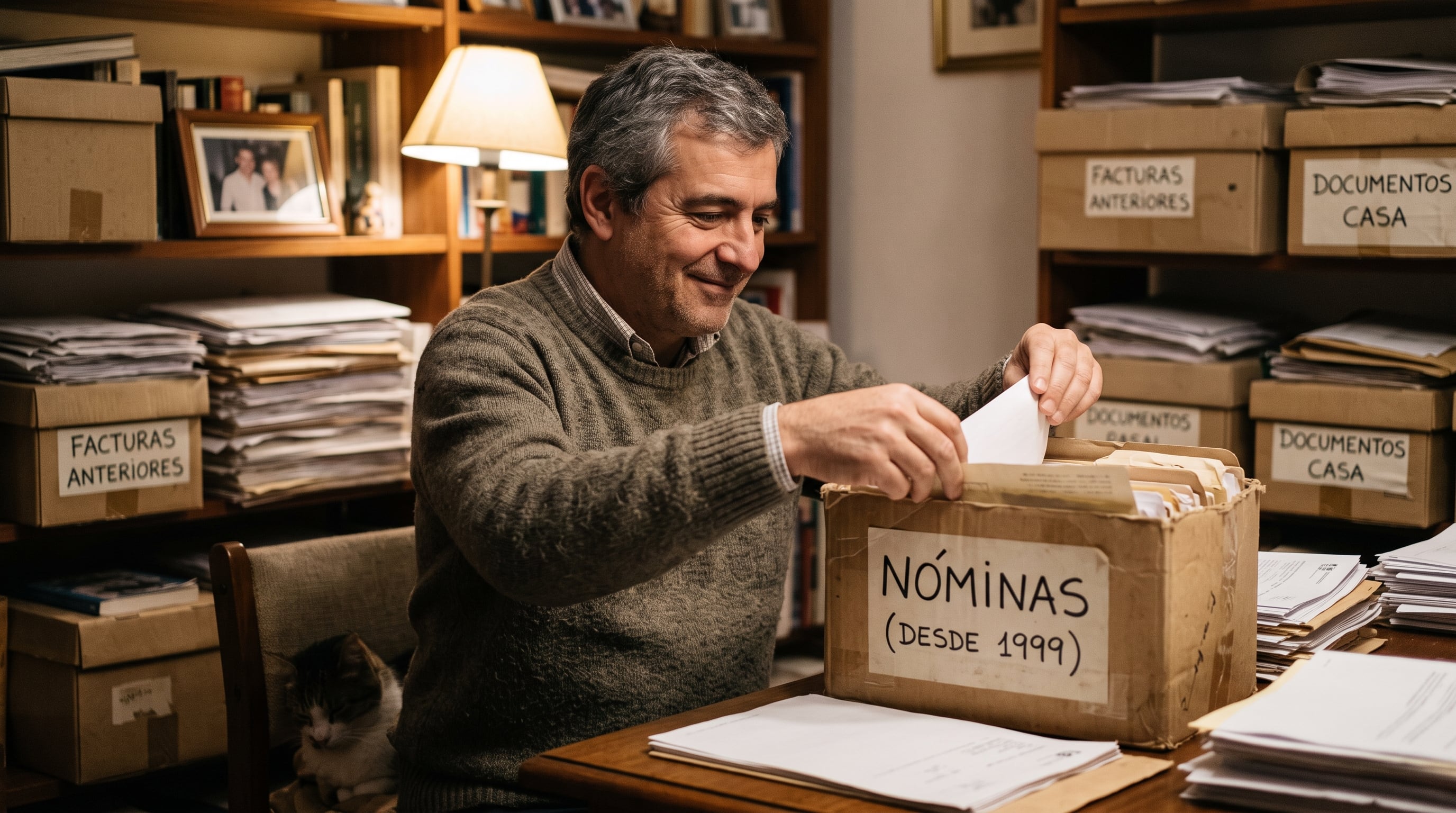 Un hombre clasifica en cajas su expediente de nóminas y documentos personales acumulados durante 25 años. (Imagen Ilustrativa Infobae)