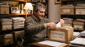 Un hombre sentado a una mesa introduce carpetas en una caja etiquetada con la palabra nóminas, en una habitación llena de cajas archivadoras.