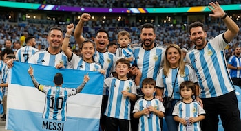 Grupo de adultos y niños en un estadio, todos con camisetas de Argentina celestes y blancas, sosteniendo una bandera de Lionel Messi con el número diez.