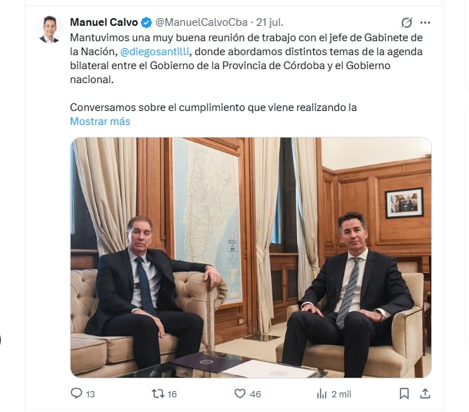 La reunión de Diego Santilli con un funcionario de Martín Llaryora que despertó rumores
