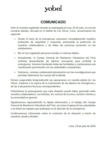 Empresa confirmó que no hubo personas heridas ni víctimas fatales tras la emergencia - Créditos: Yobel.