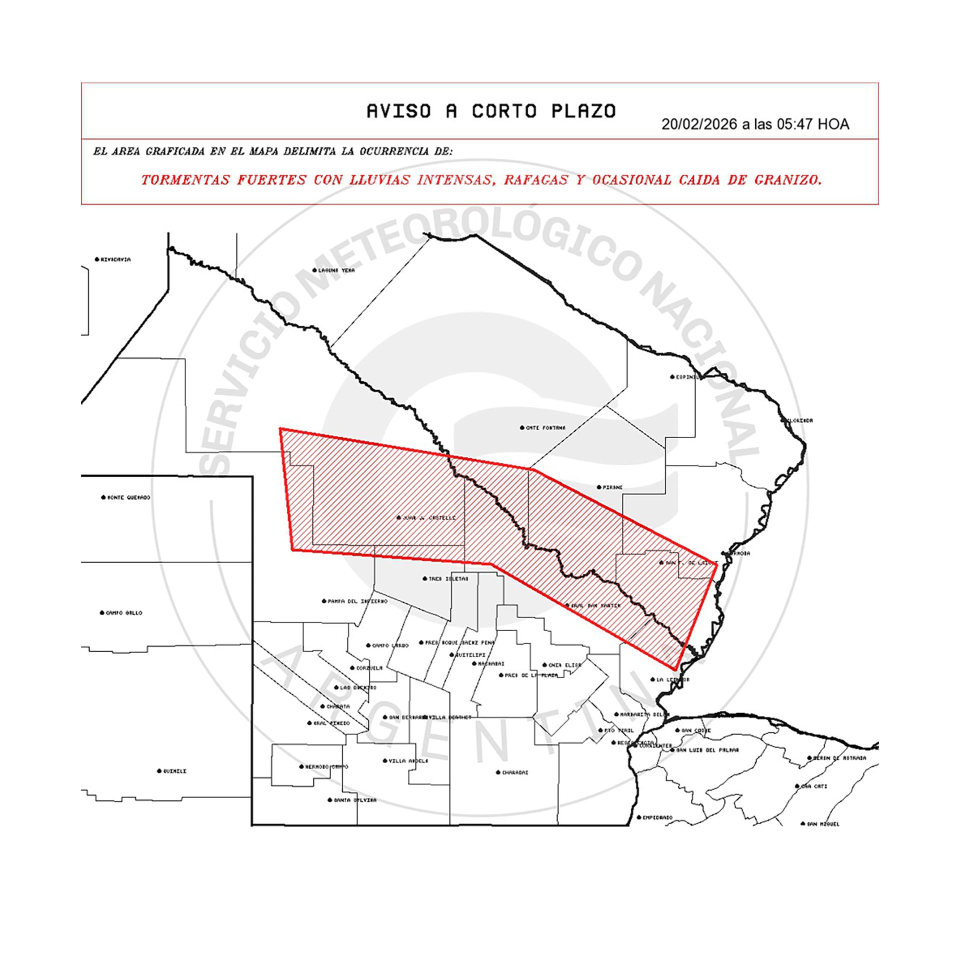 El Servicio Meteorológico Nacional emite un aviso a corto plazo por tormentas fuertes, lluvias intensas, ráfagas y posible caída de granizo para el 20 de febrero de 2026, afectando la región marcada en rojo. (SMN)