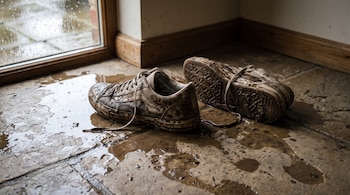 Un par de zapatillas deportivas cubiertas de barro y mojadas con cordones desatados, en un suelo de baldosas mojado junto a una ventana con gotas de lluvia.