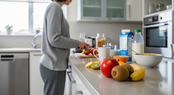 Una persona corta una manzana en una cocina. En la mesada hay manzanas, kiwis, una banana, fruta cortada, cereal, leche y un horno.