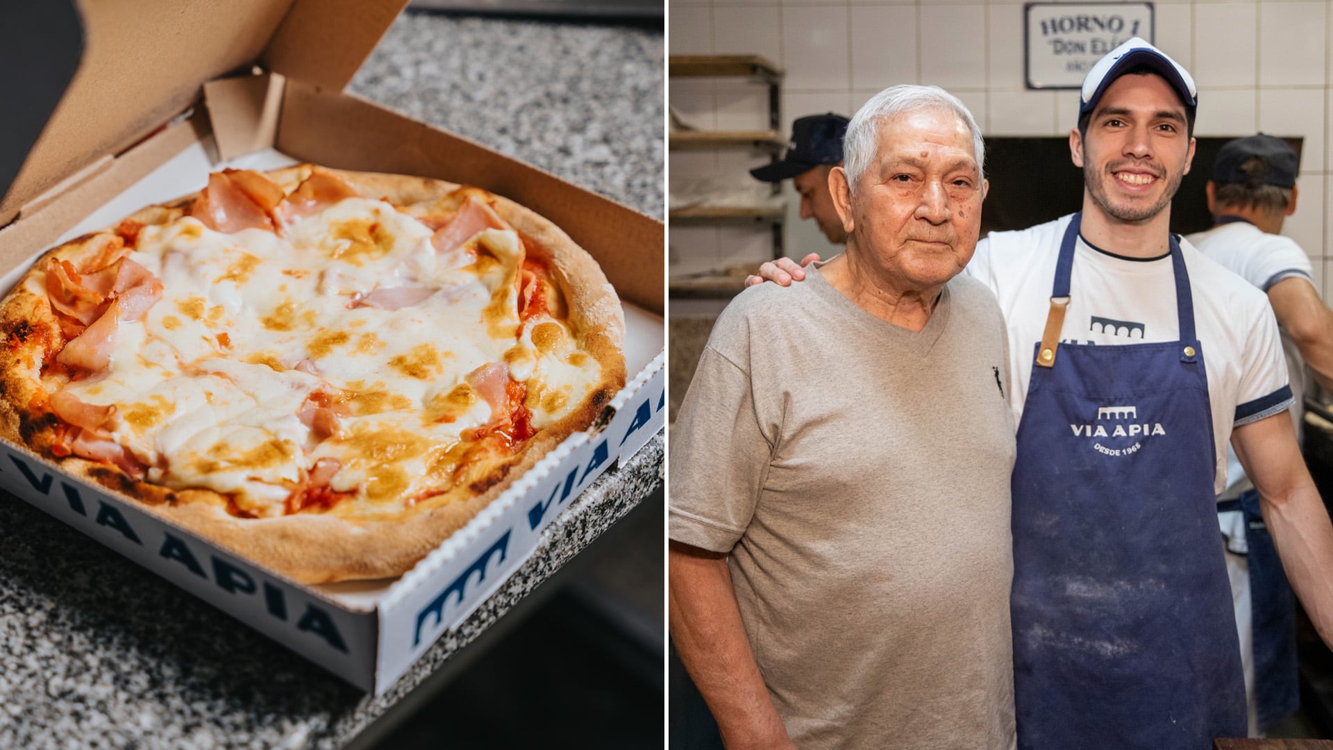 Ernesto, de 87 años, junto a su nieto, heredero de una tradición pizzera que atraviesa generaciones en Rosario.