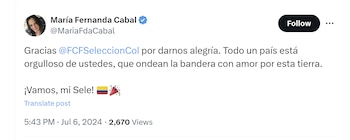 María Fernanda Cabal celebró goles de la selección Colombia en el partido contra Panamá - crédito @MariaFdaCabal/X
