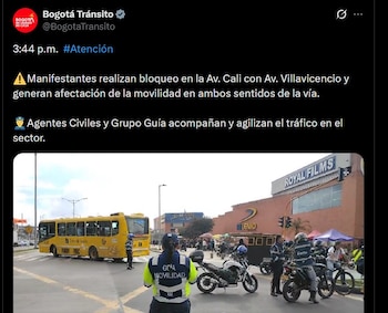 Bloqueo de manifestantes en la Av. Cali con Av. Villavicencio afecta la movilidad en ambos sentidos - crédito @BogotaTransito / X