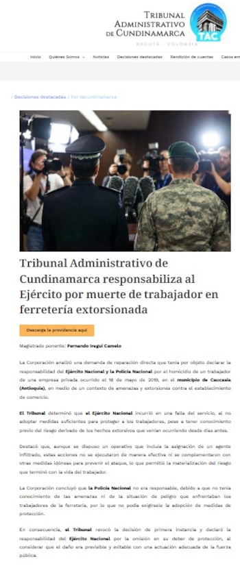 El Tribunal condena al Ejército por crimen en Caucasia - crédito Tribunal Administrativo de Cundinamarca