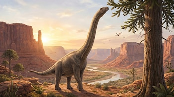Un dinosaurio de cuello largo se estira para comer hojas de un árbol grande en un cañón desértico con un río sinuoso y acantilados al atardecer, con aves volando.