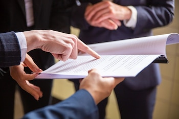 Manos de personas vestidas con trajes formales que sostienen y señalan con el dedo un documento impreso abierto