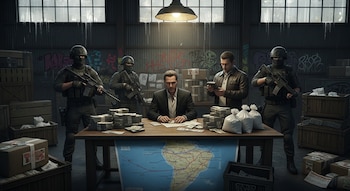 Cuatro hombres en un almacén. Dos armados con rifles, uno de traje sentado en una mesa con dinero y un mapa de Sudamérica. Bolsas de polvo blanco y cajas.