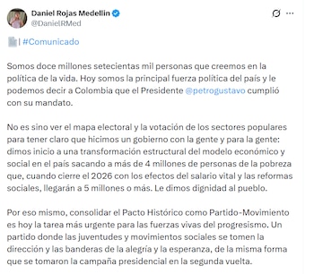 El ministro de Educación, Daniel Rojas Medellín, resaltó la reducción de la pobreza y pidió que juventudes y movimientos sociales lideren la nueva etapa del Pacto Histórico como partido-movimiento - crédito Daniel Rojas Medellín/X
