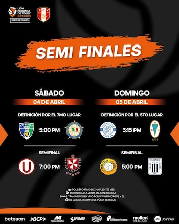 Un cartel digital muestra la programación de las semi-finales de la Liga Peruana de Vóley Betsson, con fechas, horas y logos de los equipos participantes
