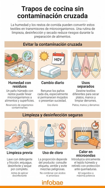 Infografía con seis recuadros ilustrados sobre la limpieza, desinfección y secado correcto de paños de cocina.