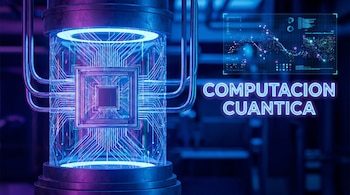 Ilustración digital de un procesador cuántico brillante dentro de un cilindro, con tubos conectados y gráficos futuristas en una pantalla.