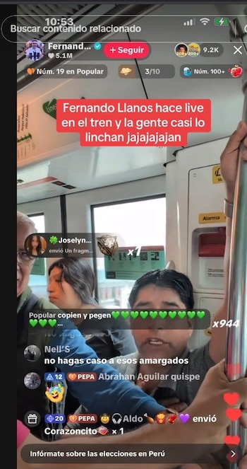 Caótico momento de Fernando Llanos en tren: usuarios lo acusan de favorecer a Roberto Sánchez durante transmisión. Captura: TikTok.