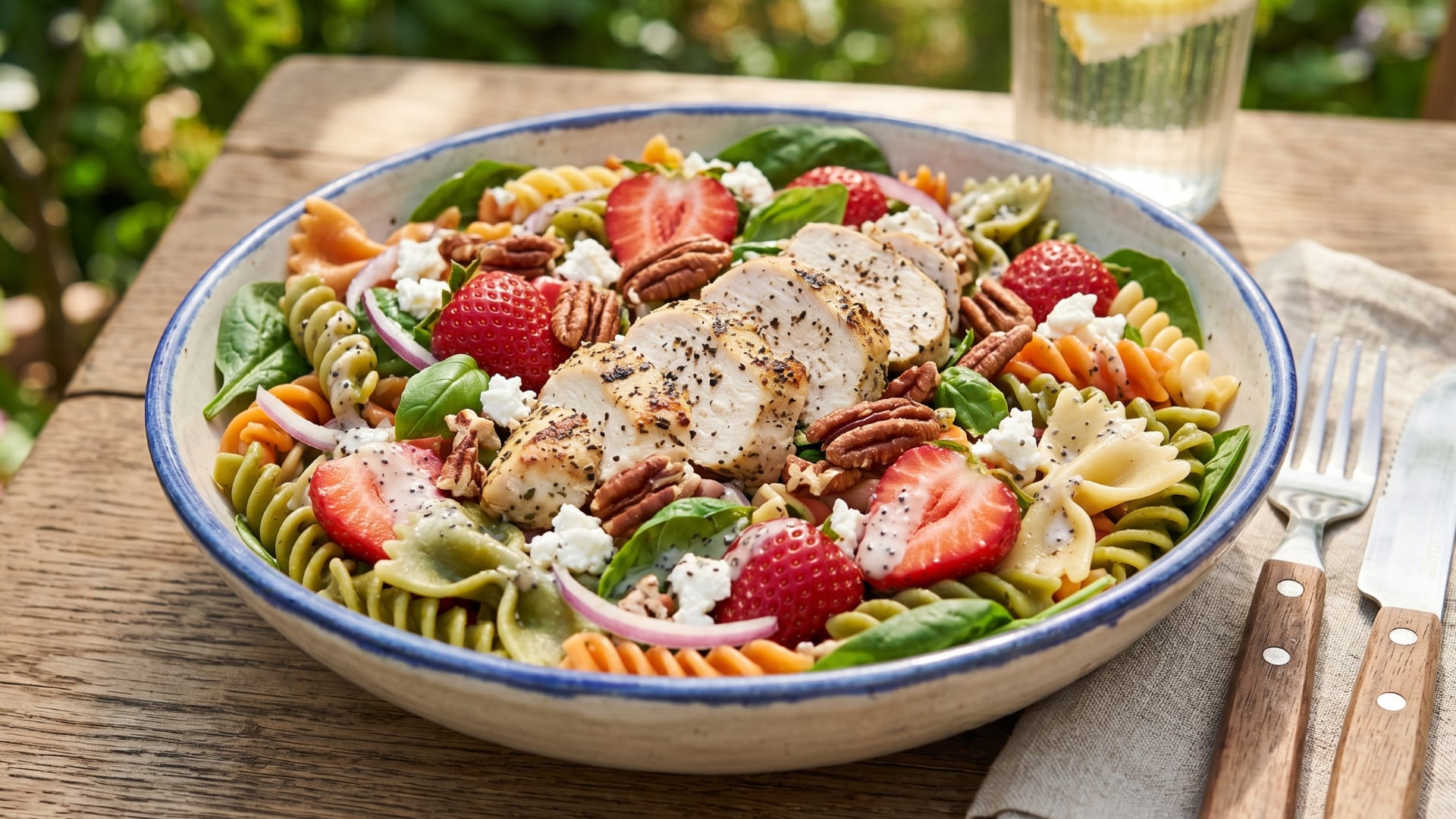 Otra variación es la ensalada de pasta con pollo, fresas y nueces pecanas para el verano. (Gemini)