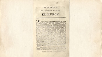 Primera página del Prospecto de El Hurón (1818), publicación
de combate político editada e impresa por la facción carrerina en
Montevideo. Fuente: Instituto de Investigaciones Históricas José
Miguel Carrera.