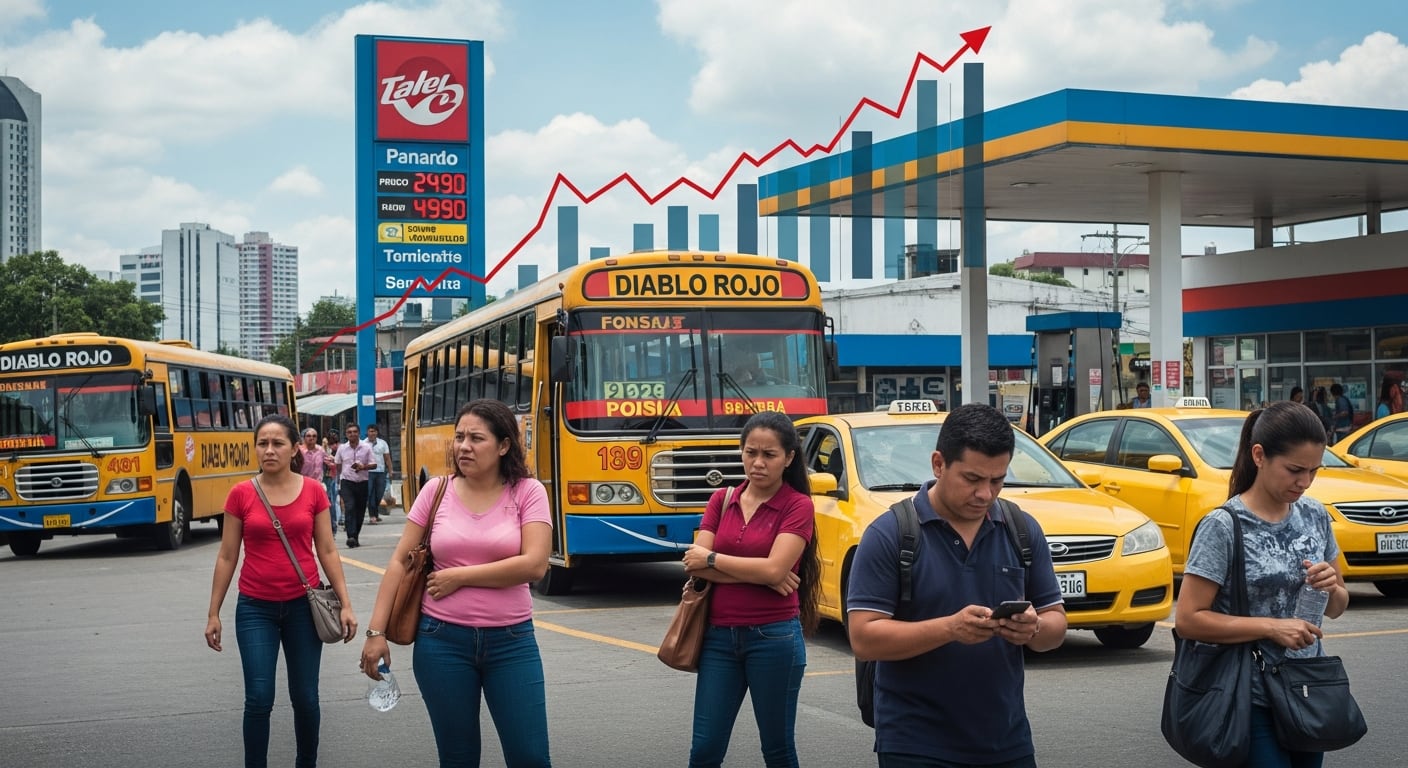 Residentes panameños expresan preocupación por el aumento de los precios de la gasolina en una gasolinera, mientras los icónicos buses