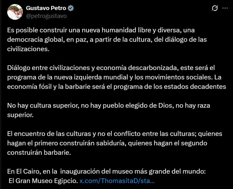 El presidente Petro sostuvo que no existen culturas superiores ni pueblos elegidos - crédito @petrogustavo/X