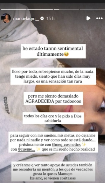 Manuela QM compartió un mensaje emotivo sobre su estado anímico en medio de la promoción del nuevo video de Blessd y Aída Victoria, lo que generó preocupación entre sus fans - crédito @manuelaqm__/ Instagram