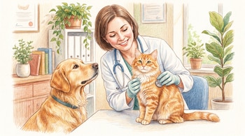 Ilustración de una mujer veterinaria con estetoscopio examinando un gato atigrado naranja en una mesa. Un perro golden retriever está al lado.