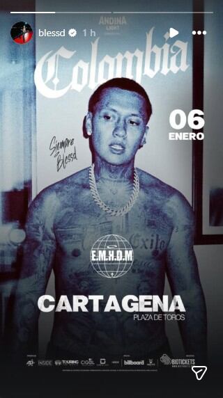 Blessd anunció la reprogramación de su concierto en Cartagena para el 6 de enero - crédito @blessd/Instagram