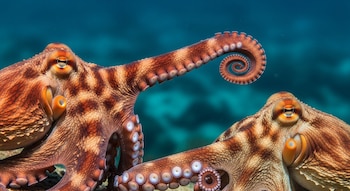 Vista cercana de dos pulpos marrones rojizos con patrones complejos, mostrando sus ojos y ventosas en los tentáculos, contra un fondo azul.