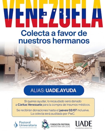 Afiche con la palabra "Venezuela" con los colores de su bandera, un edificio en ruinas, texto sobre colecta y donaciones, y logos de organizaciones
