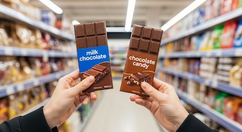 Primer plano de manos sosteniendo dos barras de chocolate. Una etiqueta dice "milk chocolate" y la otra "chocolate candy". Estantes de supermercado borrosos de fondo.