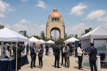 Personas en ropa formal conversan junto a carpas blancas con gráficos impresos en una plaza frente a un monumento de piedra.