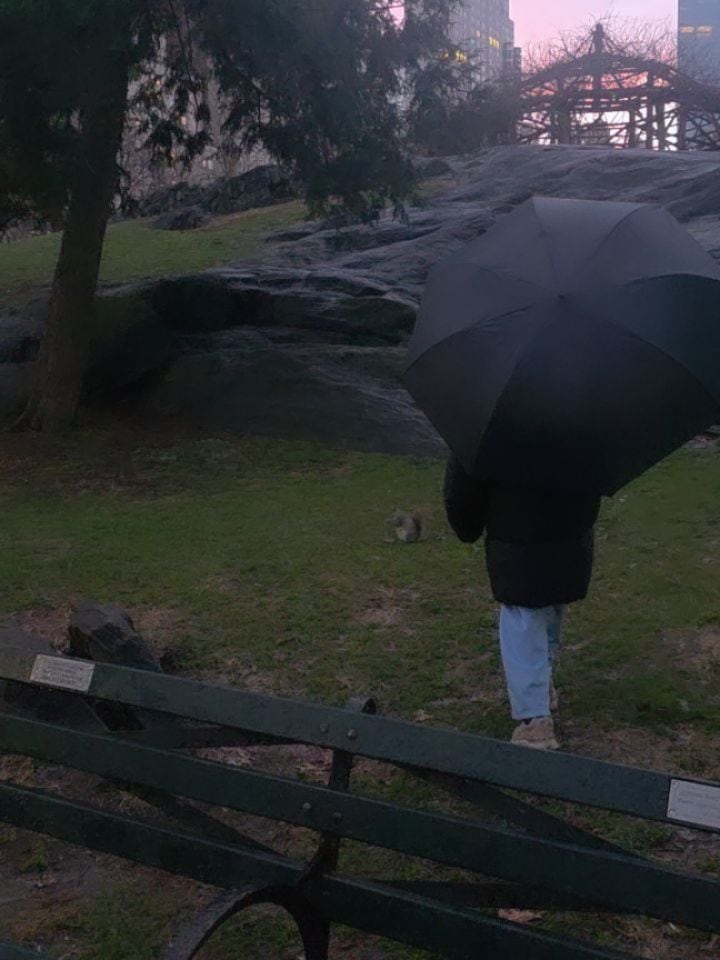 Gina caminando bajo la lluvia durante uno de los paseos por los parques de Nueva York