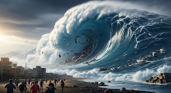 Un tsunami avanzando sobre la costa, personas huyendo, edificios parcialmente destruidos, vehículos y barcos entre el agua y escombros.