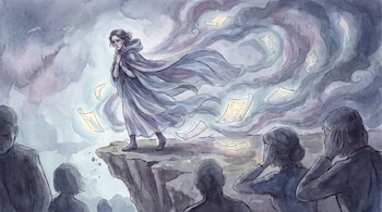 Ilustración acuarela de una mujer en una capa en el borde de un acantilado, rodeada de pergaminos flotantes, mientras figuras oscuras en segundo plano se tapan los oídos.