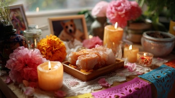 Ofrenda para mascotas, Día de Muertos, figurillas de esqueletos animales, papel picado de perros y gatos, altar animal, tradición mexicana. - (Imagen Ilustrativa Infobae)