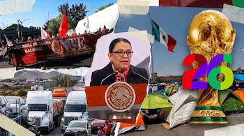 Collage de imágenes con una mujer hablando en podio, una marcha con bandera CNTE, bandera mexicana, trofeo Copa Mundial, camiones en tráfico y tiendas de campaña.