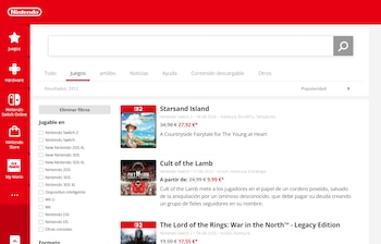 Captura de pantalla del sitio web de Nintendo con un buscador central, filtros laterales por consola y una lista de videojuegos