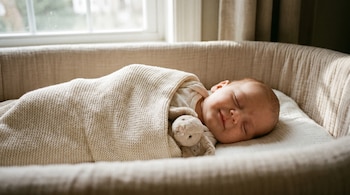 Un bebé duerme de lado en una cuna suave, cubierto con una manta beige de punto y abrazando un conejito de peluche, con una ventana luminosa al fondo.