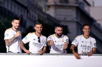 Joselu, exjugador blanco, Ceballos, Carvajal y Lucas Vázquez. (Ana Beltran/Reuters)