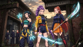 Esta es la ilustración de Gemini sobre cómo se verían Las Guerreras K-pop en el universo de Jujutsu Kaisen. (Foto: Gemini)