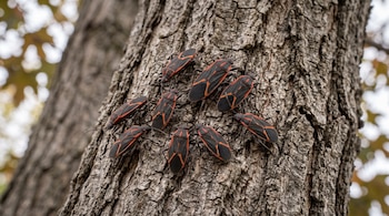 Varios insectos negros con marcas rojas están agrupados sobre la corteza gris y rugosa de un árbol.