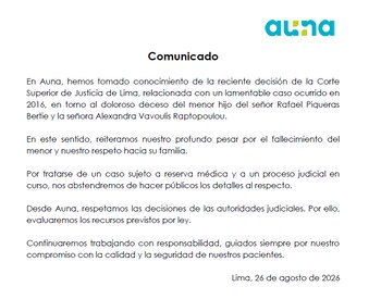 Un comunicado impreso de la empresa Auna con el logotipo institucional y párrafos de texto en negro sobre fondo blanco