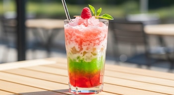 Frappé de gelatina de tres colores con hielo picado, frambuesa y menta en un vaso alto con pajita metálica sobre mesa de madera.