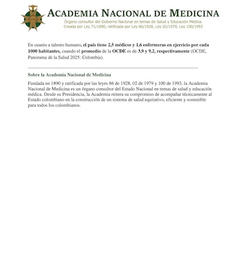 El documento pide inyectar recursos frescos, garantizar la atención de pacientes de mayor riesgo y fortalecer la regulación, la financiación y la vigilancia del sector salud - crédito Academia Nacional de Medicina