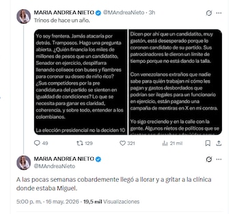 La peridista María Andrea Nieto criticó la conducta de Vicky Dávila ante el atentado perpetrado contra Miguel Uribe - crédito @MAndreaNieto/X
