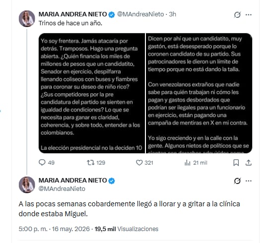 La peridista María Andrea Nieto criticó la conducta de Vicky Dávila ante el atentado perpetrado contra Miguel Uribe - crédito @MAndreaNieto/X