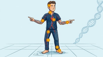 Ilustración de un hombre con el sistema circulatorio visible, el corazón y puntos naranjas brillantes en articulaciones y órganos, junto a una hélice de ADN